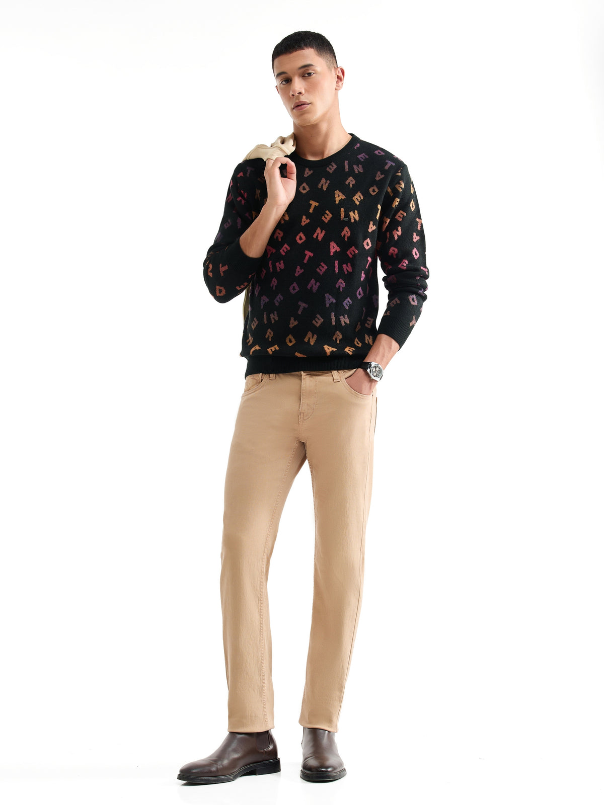 Intarsia Full Sleeve Jumper Sweater - Black t4option_0