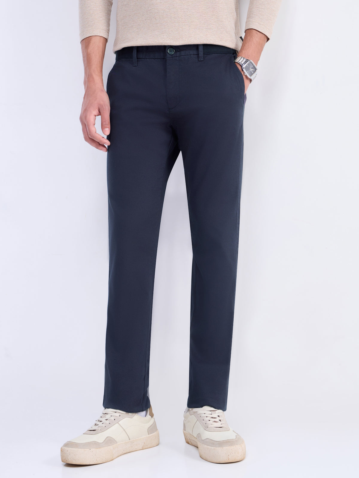 Solid Slim Fit Trousers - Dark Navy t4option_3