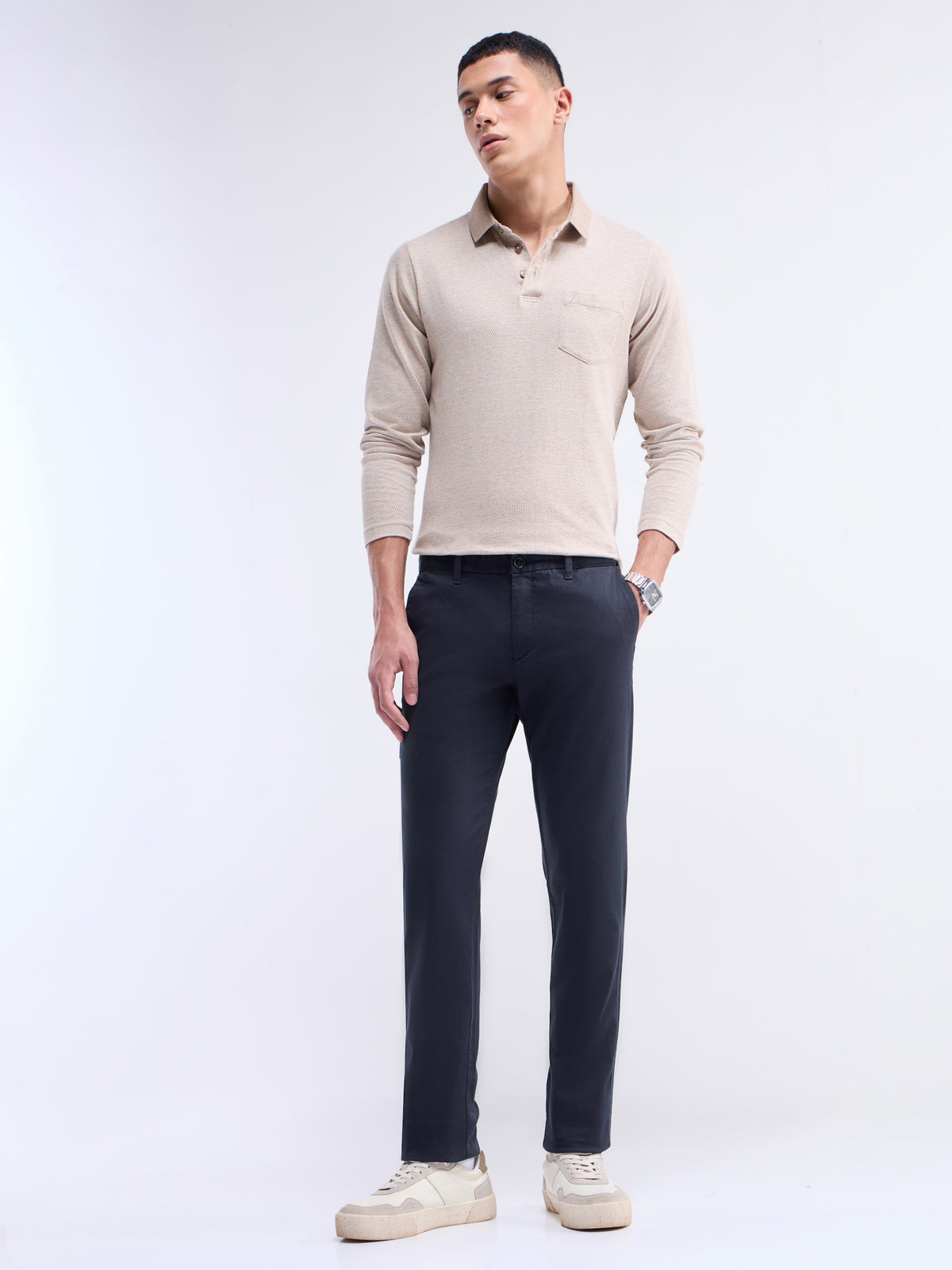 Solid Slim Fit Trousers - Dark Navy t4option_3
