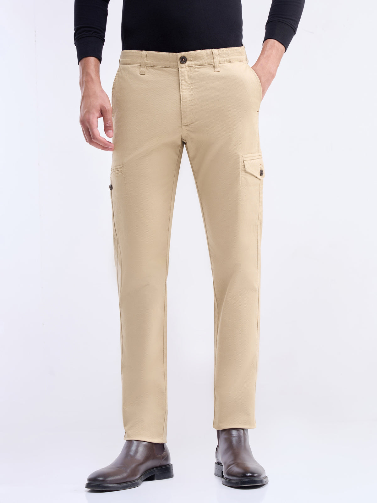 Solid Slim Fit Trousers - Stone t4option_2