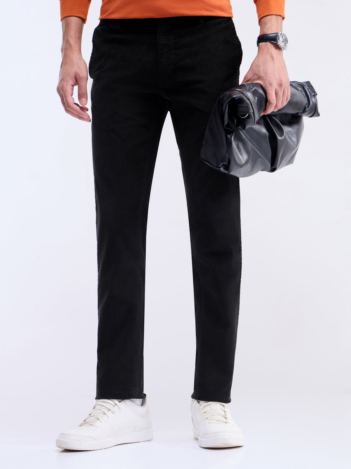 Solid Slim Fit Trousers - Black t4option_1
