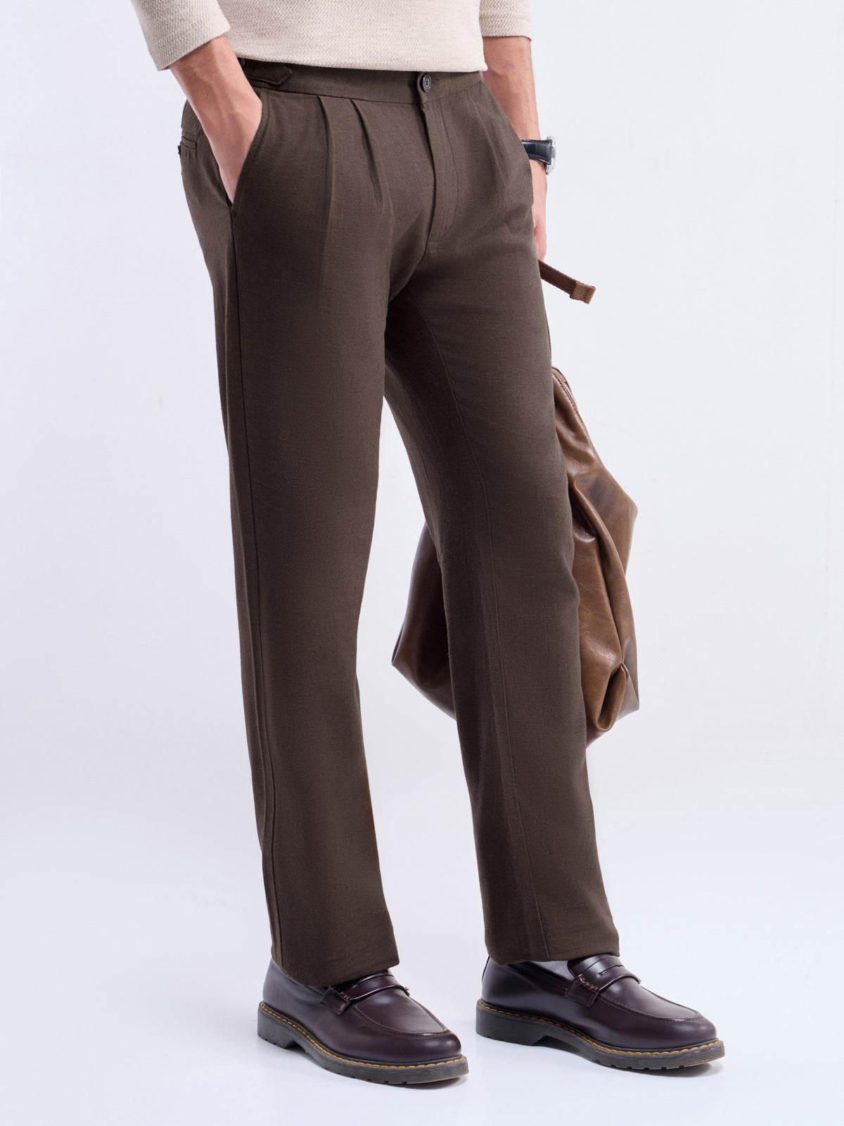 Solid Regular Fit Trousers - Choco t4option_0