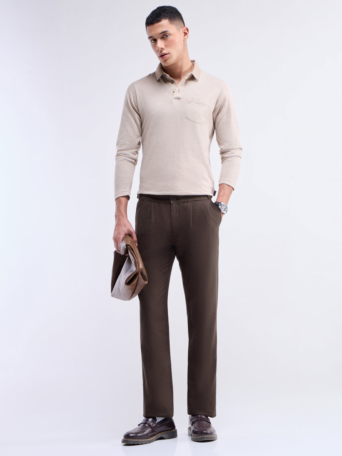 Solid Regular Fit Trousers - Choco t4option_0