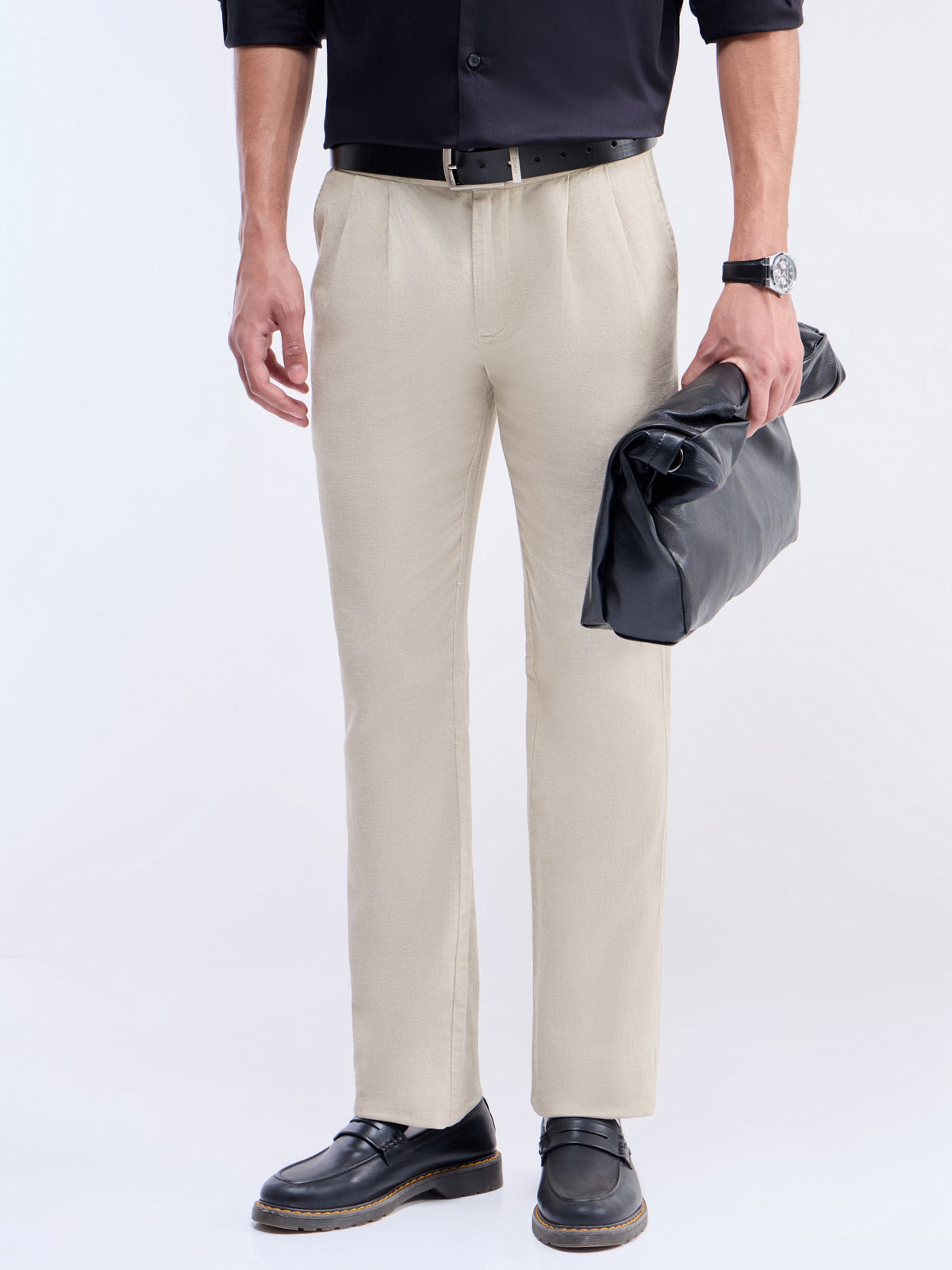 Solid Regular Fit Trousers - Natural t4option_1