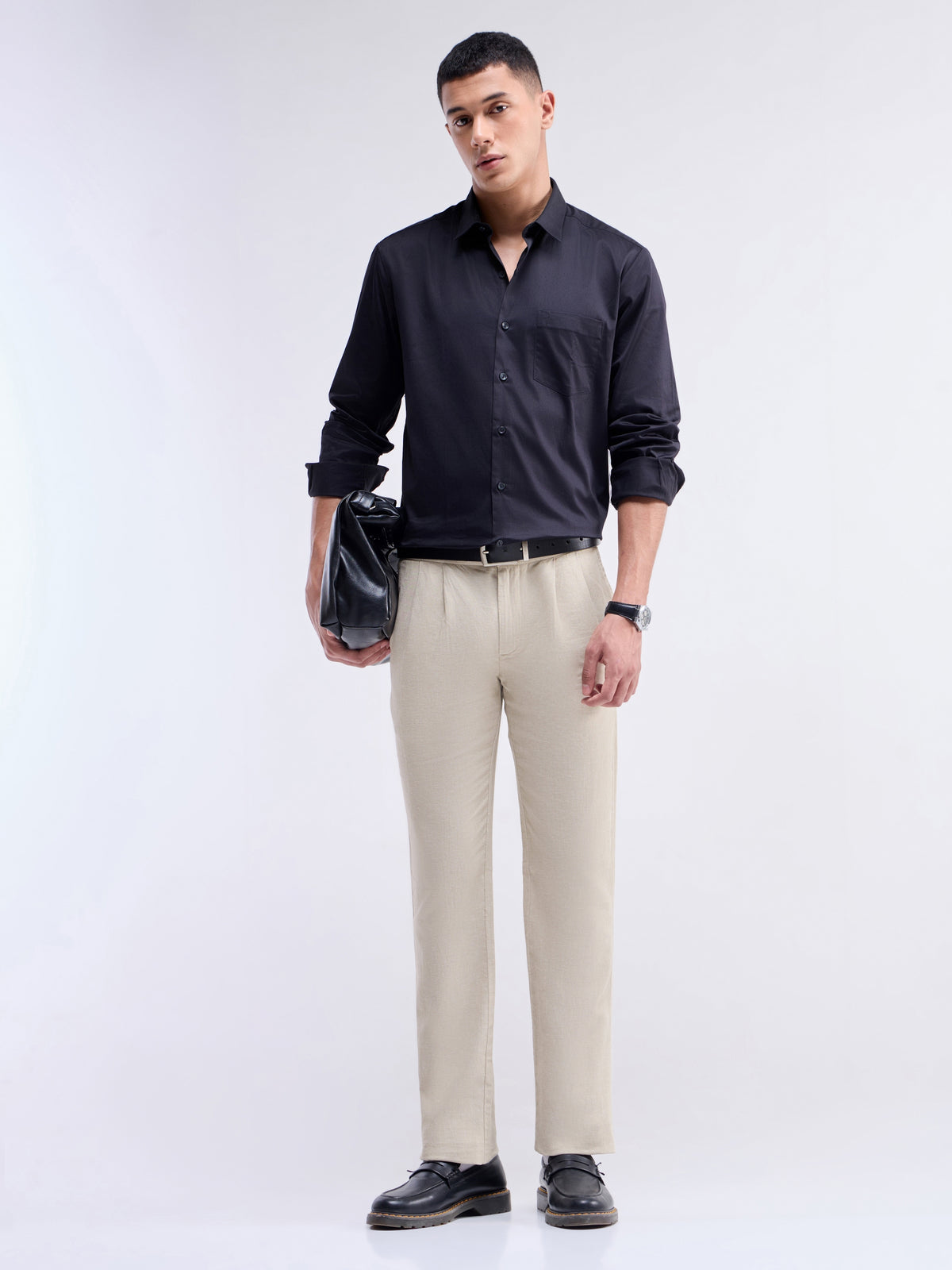 Solid Regular Fit Trousers - Natural t4option_1