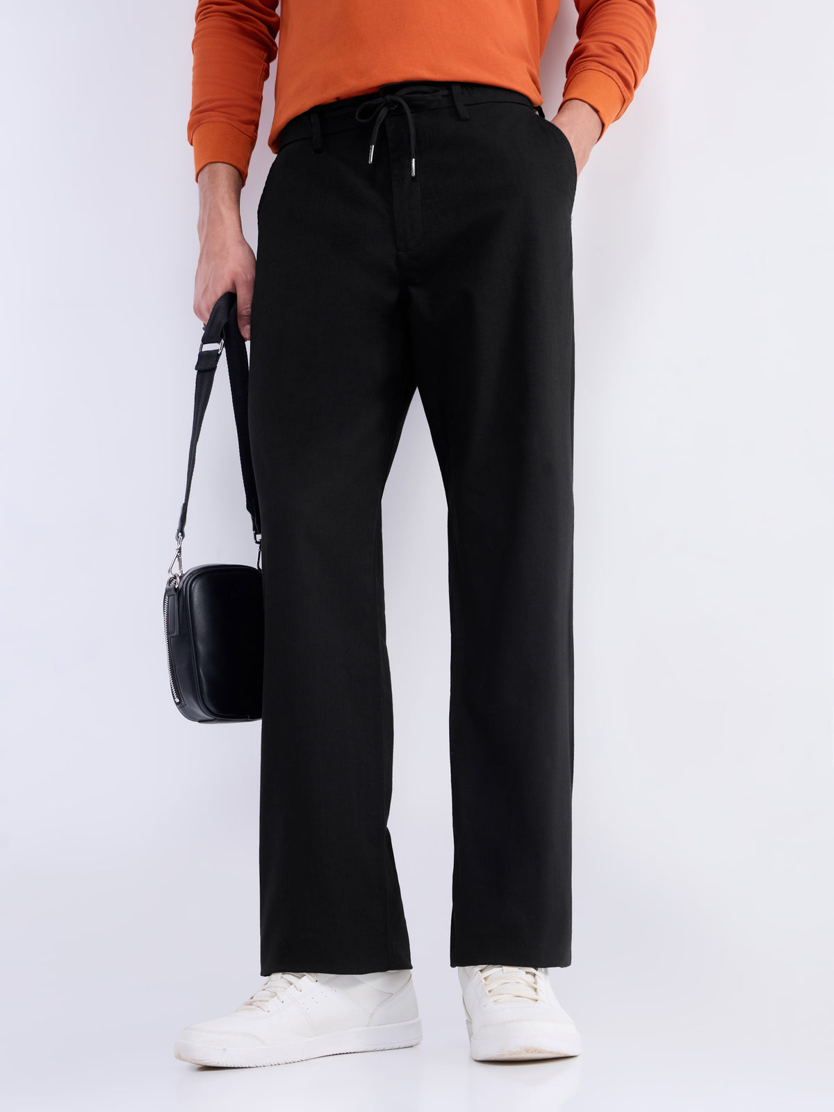 Solid Regular Fit Trousers - Black t4option_0