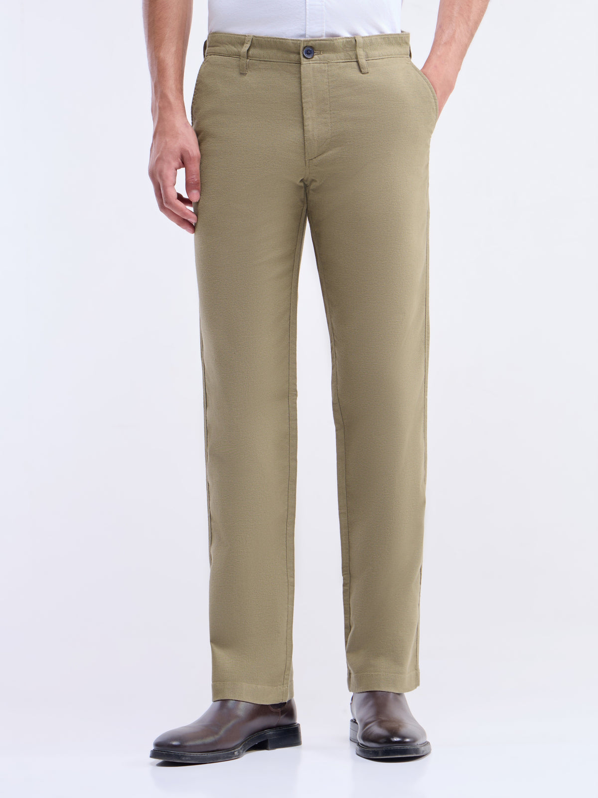 Solid Regular Fit Trousers - Khaki t4option_0
