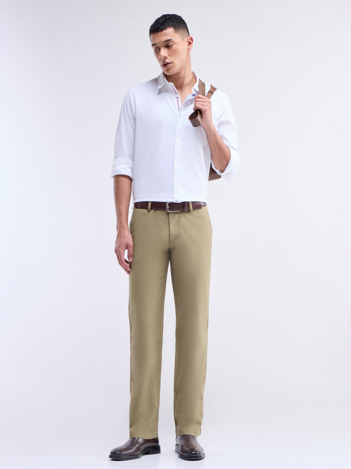 Solid Regular Fit Trousers - Khaki t4option_0