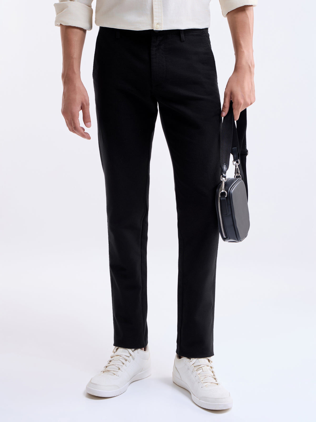 Solid Slim Fit Trousers - Black t4option_0