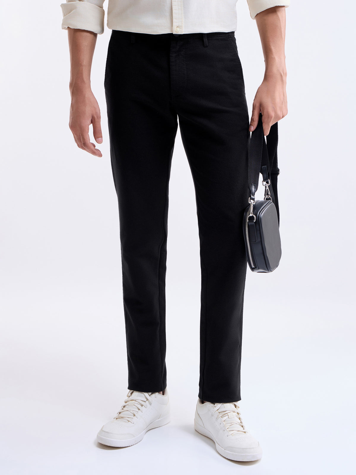 Solid Slim Fit Trousers - Black t4option_0