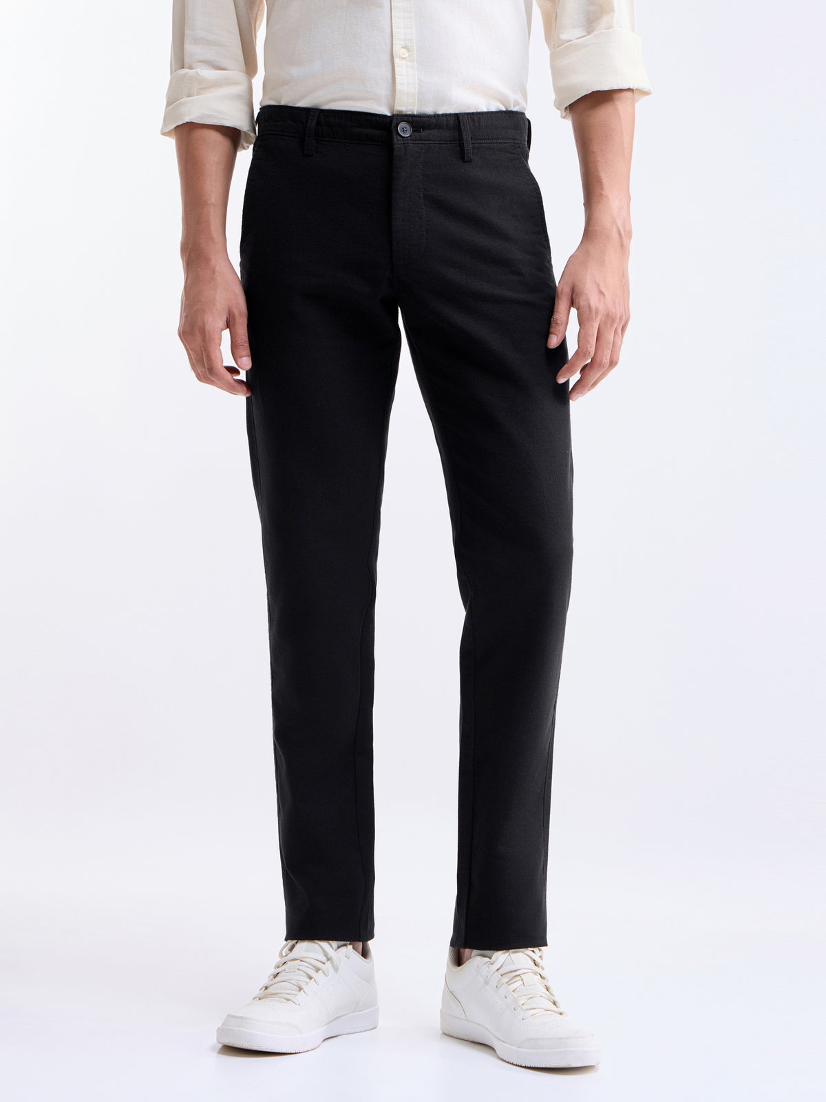 Solid Slim Fit Trousers - Black t4option_0