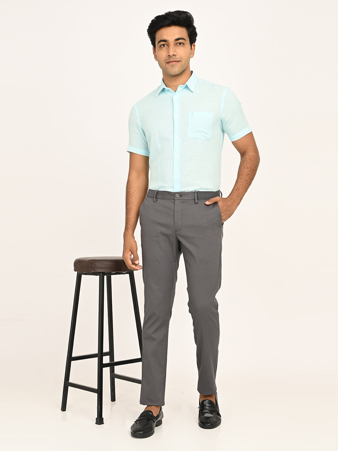 Solid Slim Fit Trousers - Charcoal t4option_3