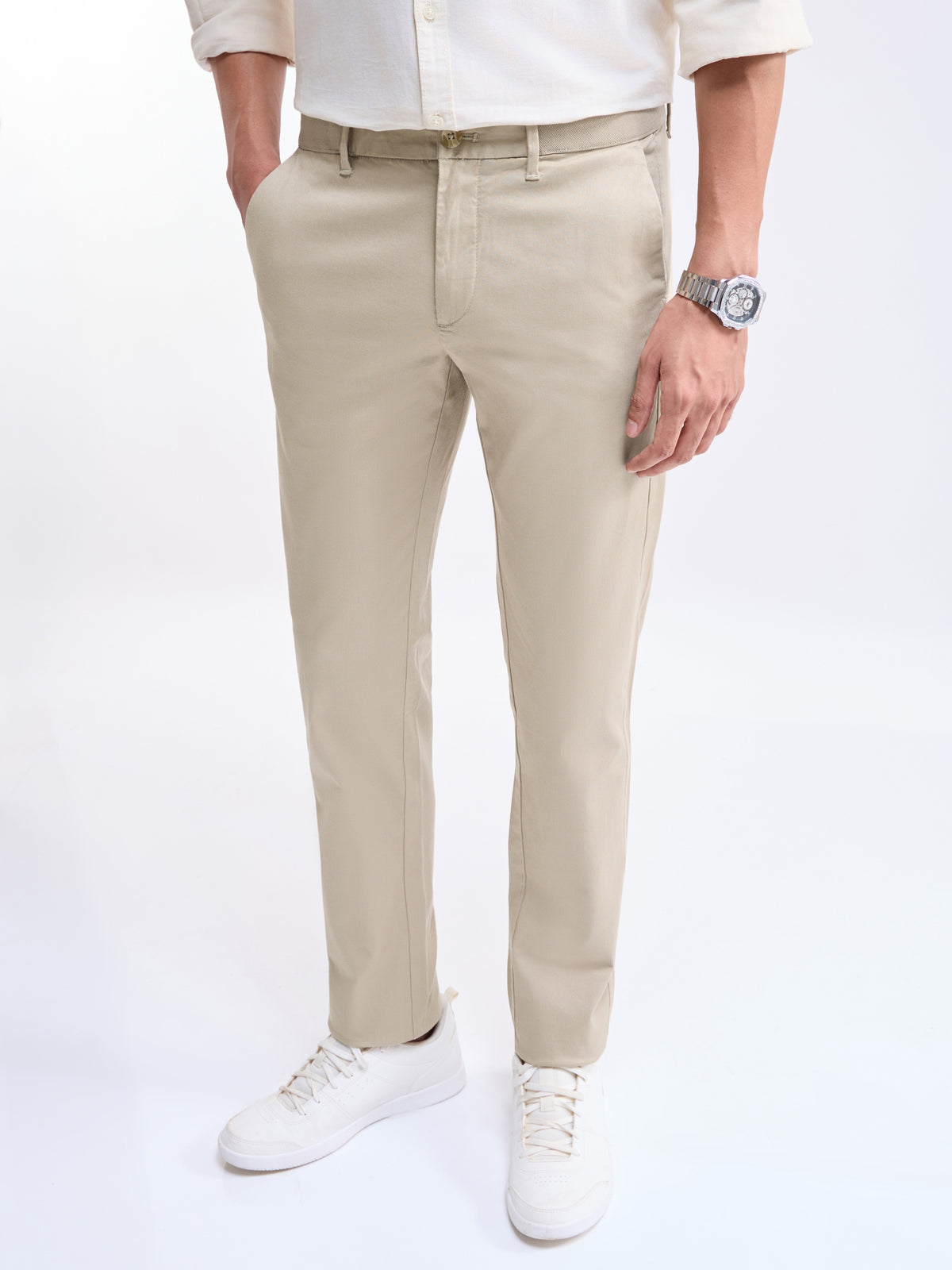 Solid Slim Fit Trousers - Lt Khaki t4option_8