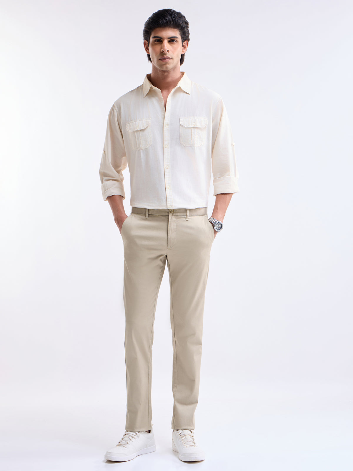 Solid Slim Fit Trousers - Lt Khaki t4option_8