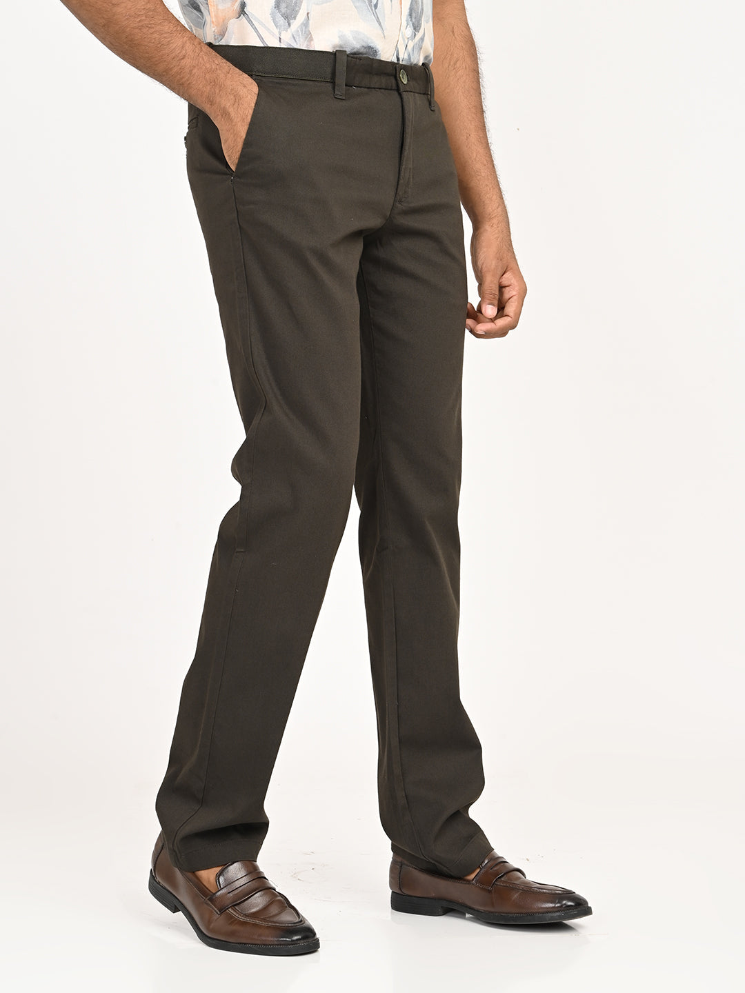 Solid Regular Fit Trousers - Dark Olive t4option_3