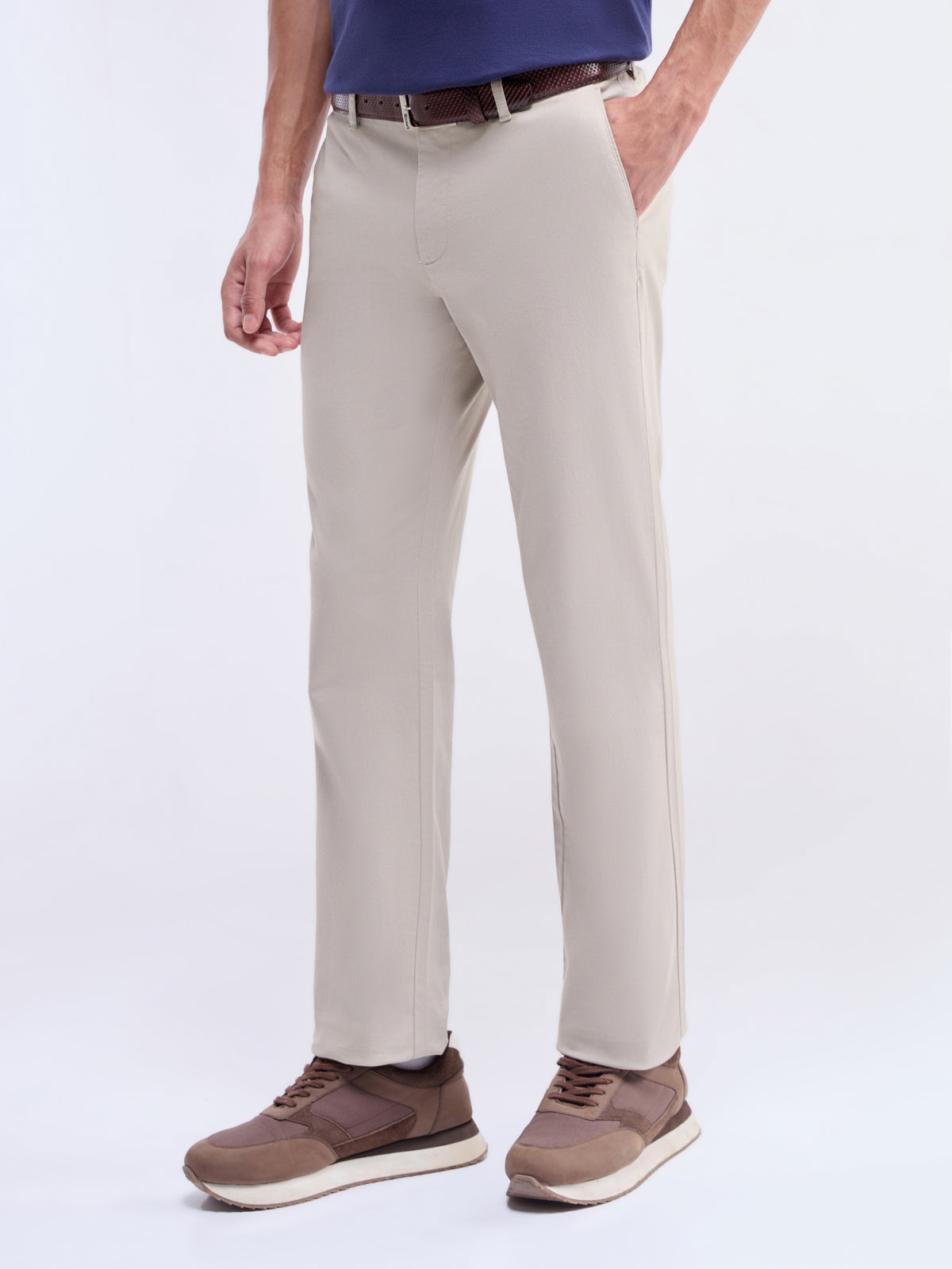 Solid Regular Fit Trousers - Beige t4option_0