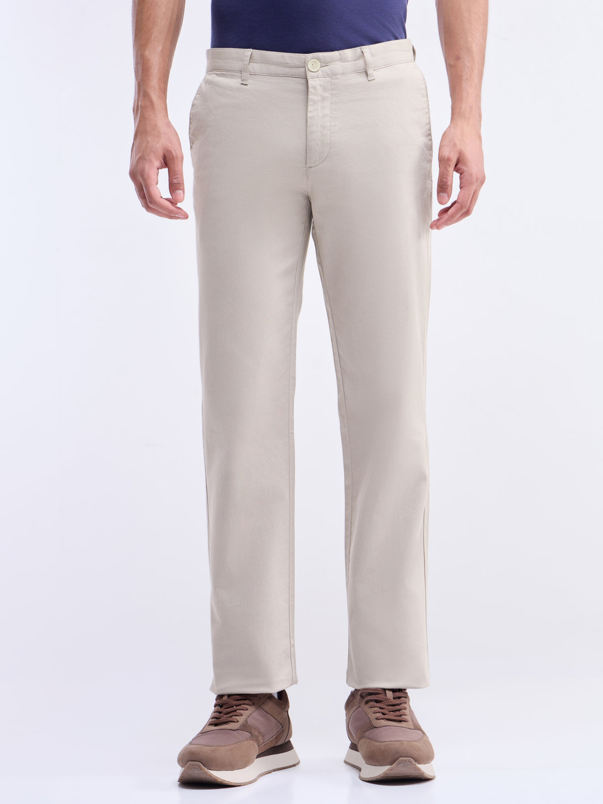Solid Regular Fit Trousers - Beige t4option_0