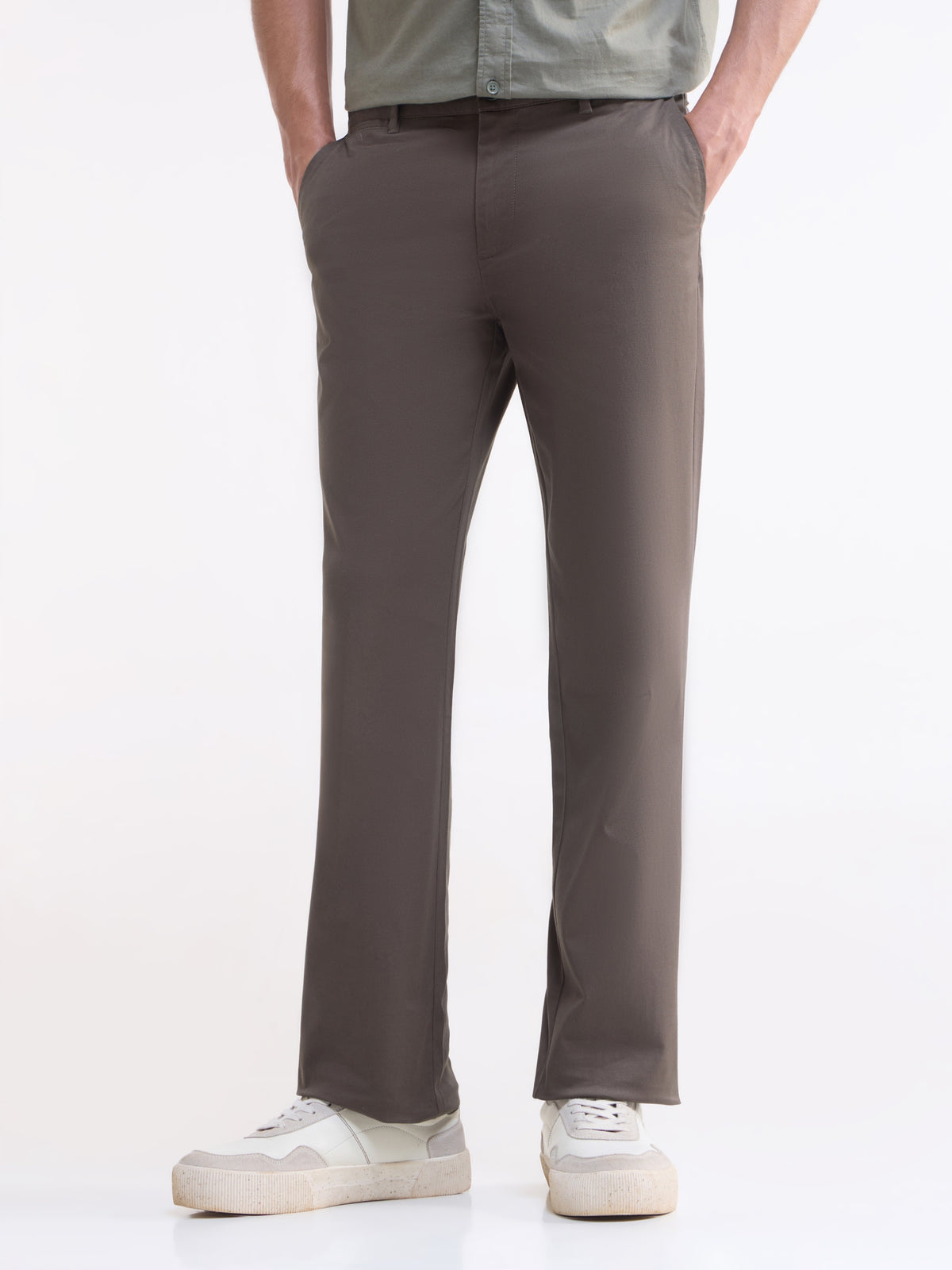Solid Regular Fit Trousers - Brown t4option_0