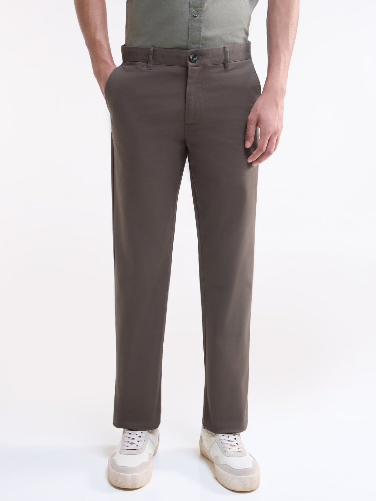 Solid Regular Fit Trousers - Brown t4option_0