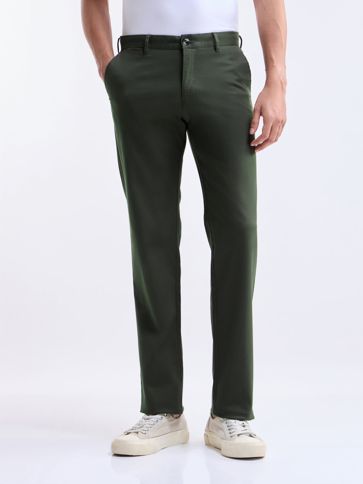 Solid Regular Fit Trousers - Olive t4option_1