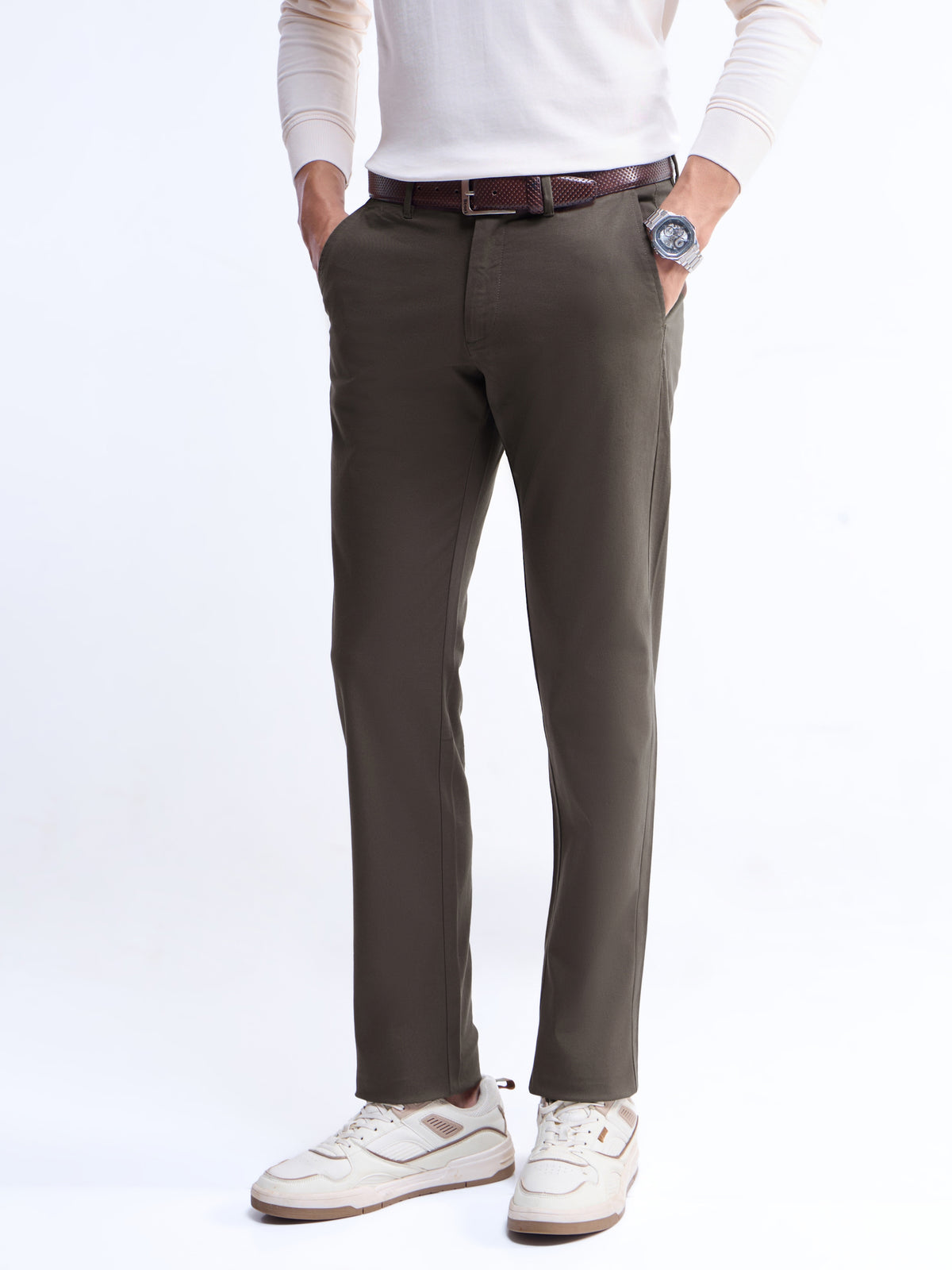 Solid Slim Fit Trousers - Brown t4option_0