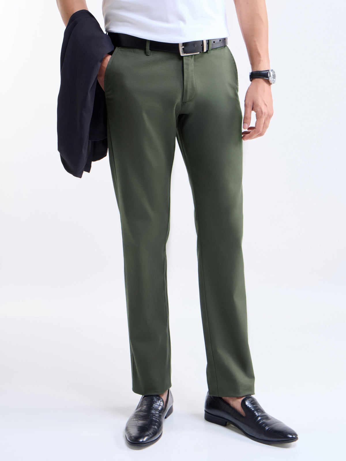 Solid Slim Fit Trousers - Olive t4option_2