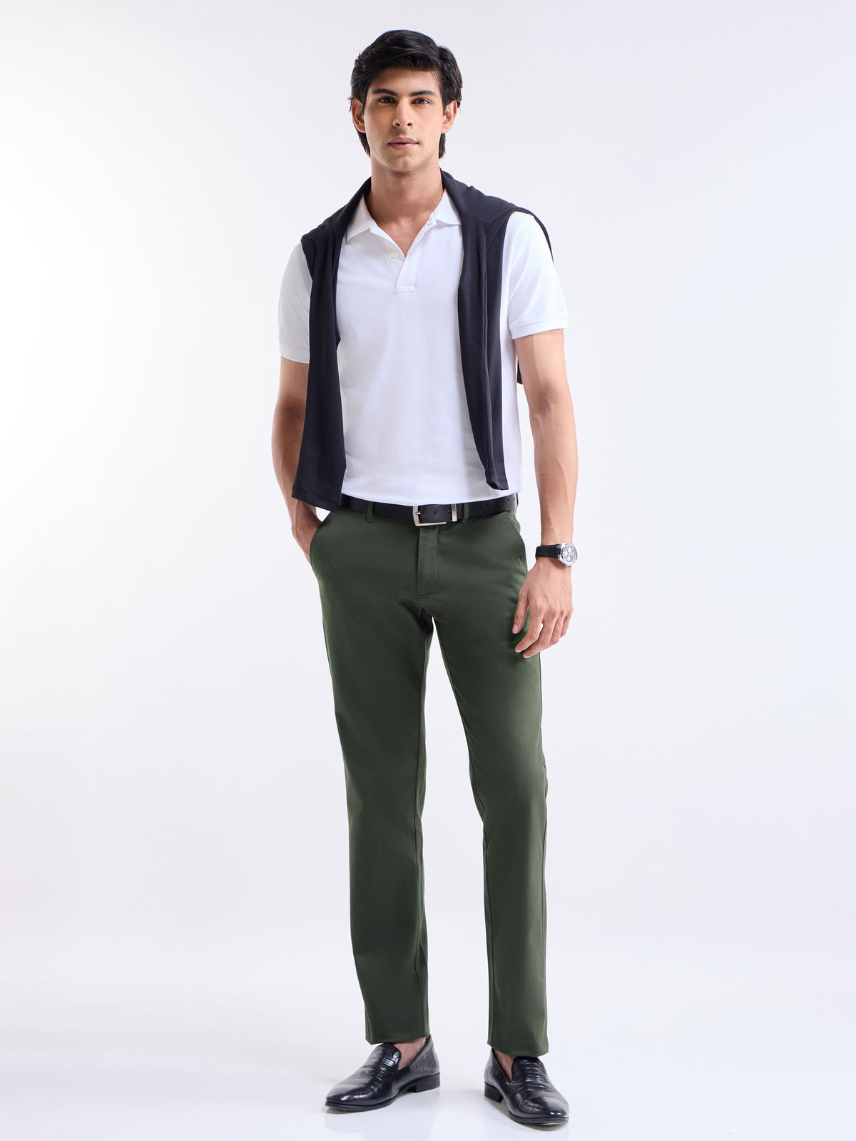 Solid Slim Fit Trousers - Olive t4option_2