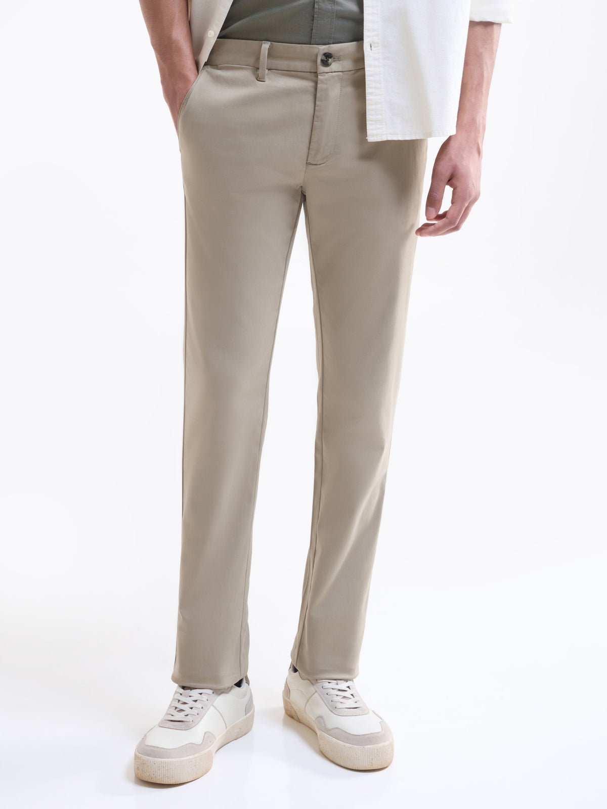 Solid Slim Fit Trousers - Stone t4option_2