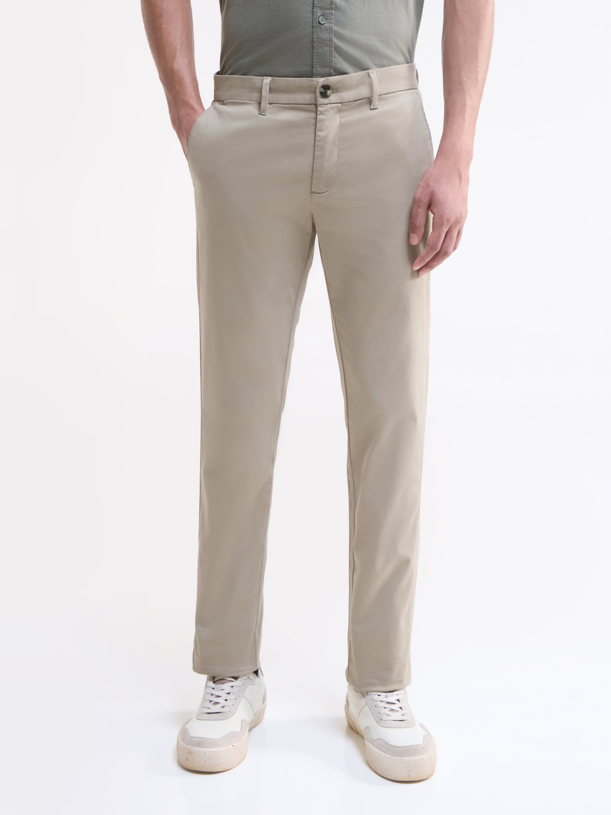 Solid Slim Fit Trousers - Stone t4option_2