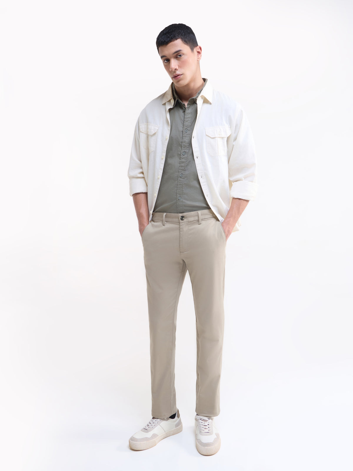 Solid Slim Fit Trousers - Stone t4option_2