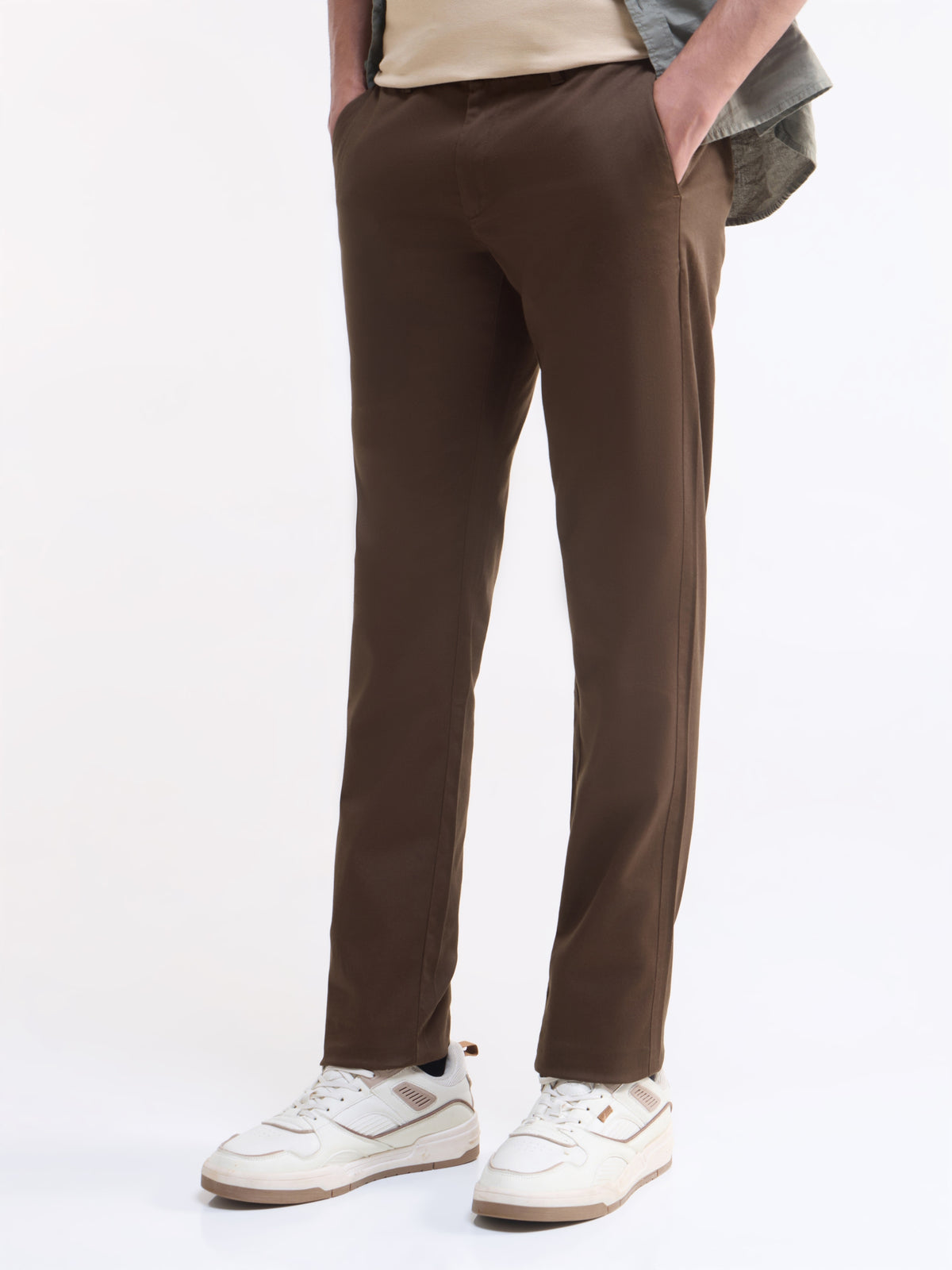 Twill Slim Fit Trousers - Brown t4option_0
