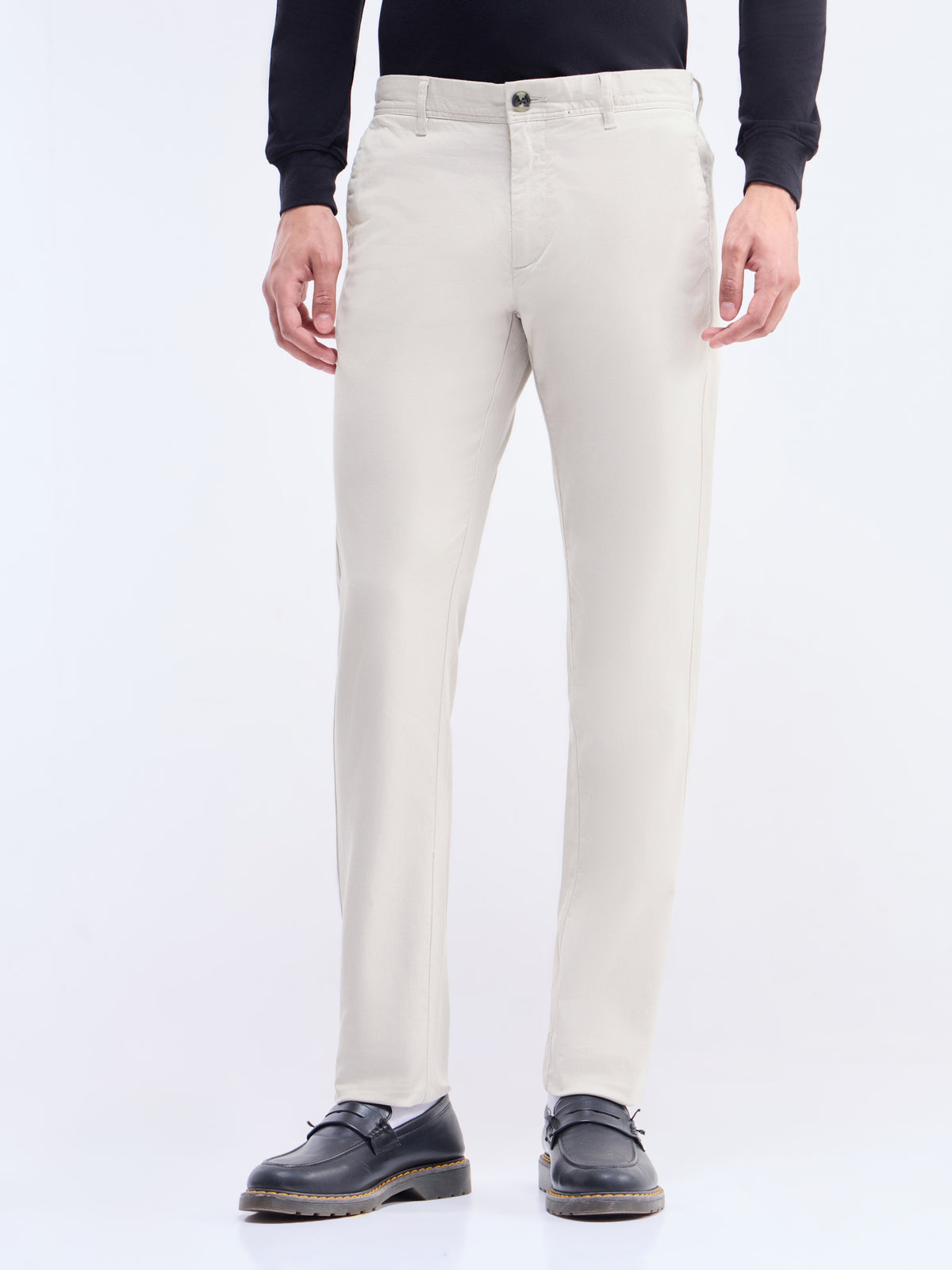 Solid Slim Fit Trousers - Stone t4option_1