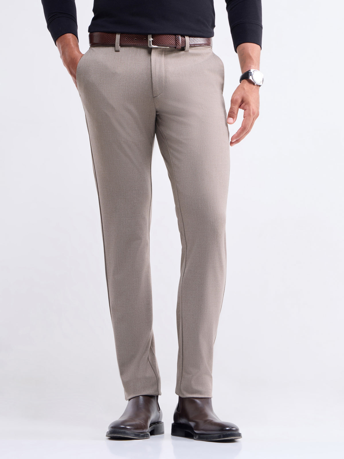 Solid Slim Fit Trousers - Lt Brown M t4option_2