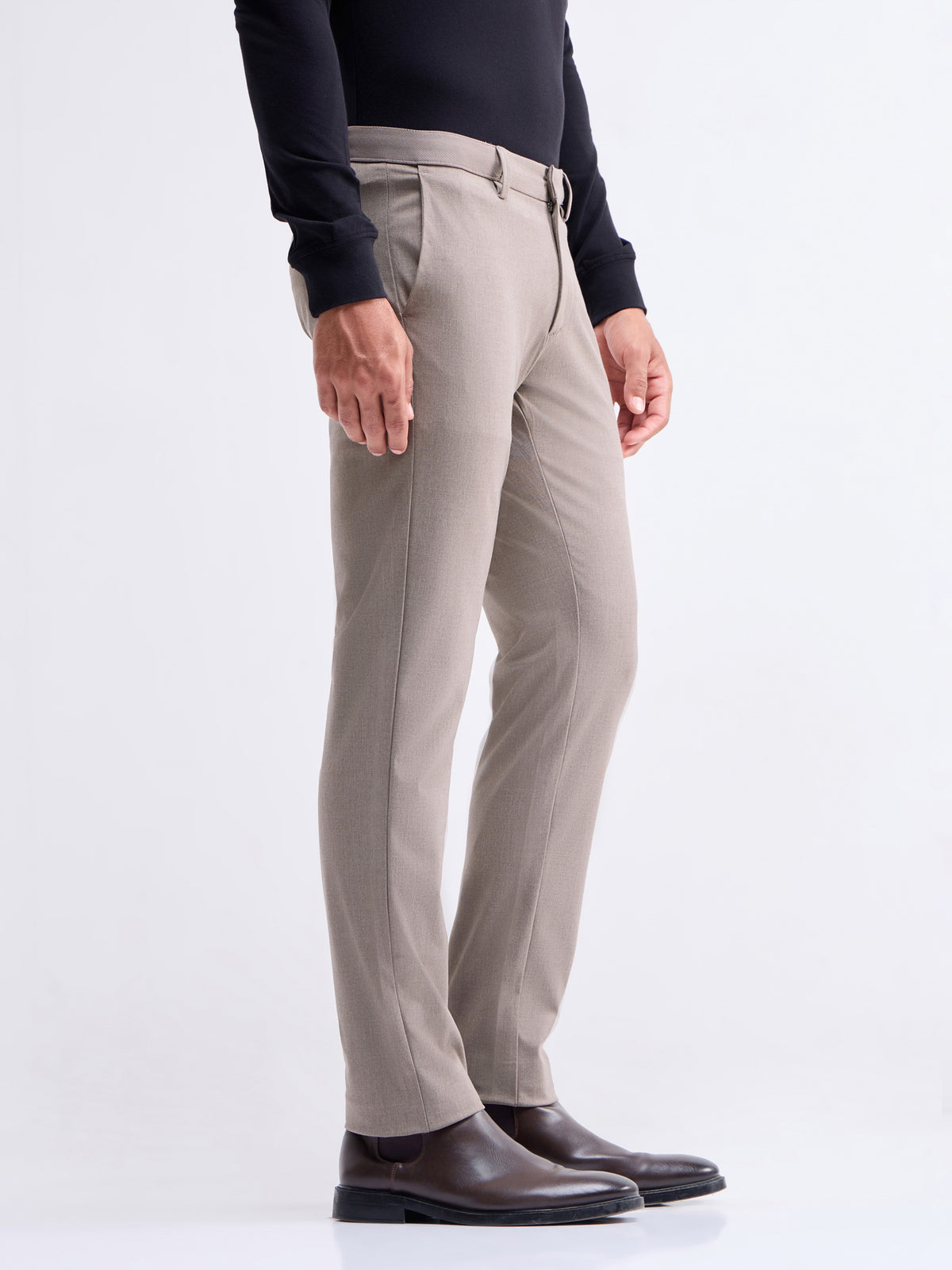 Solid Slim Fit Trousers - Lt Brown M t4option_2