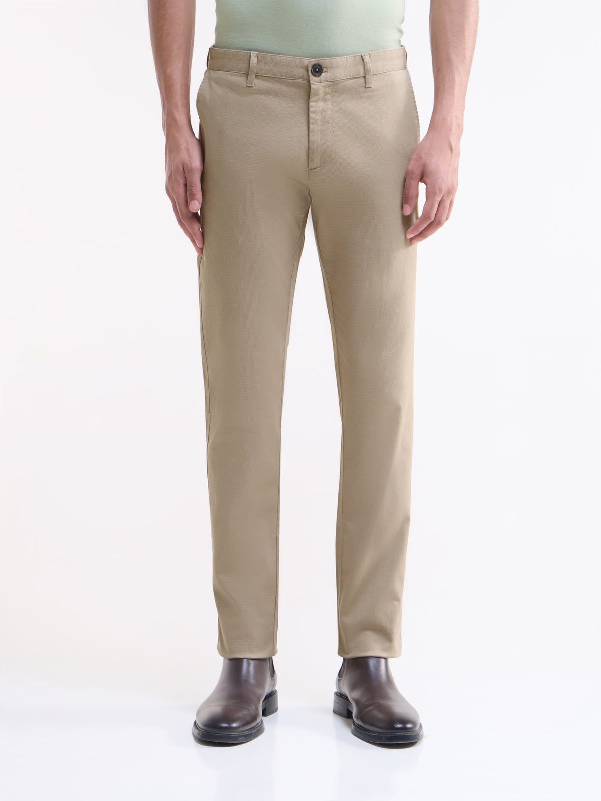 Solid Slim Fit Trousers - Khaki t4option_1