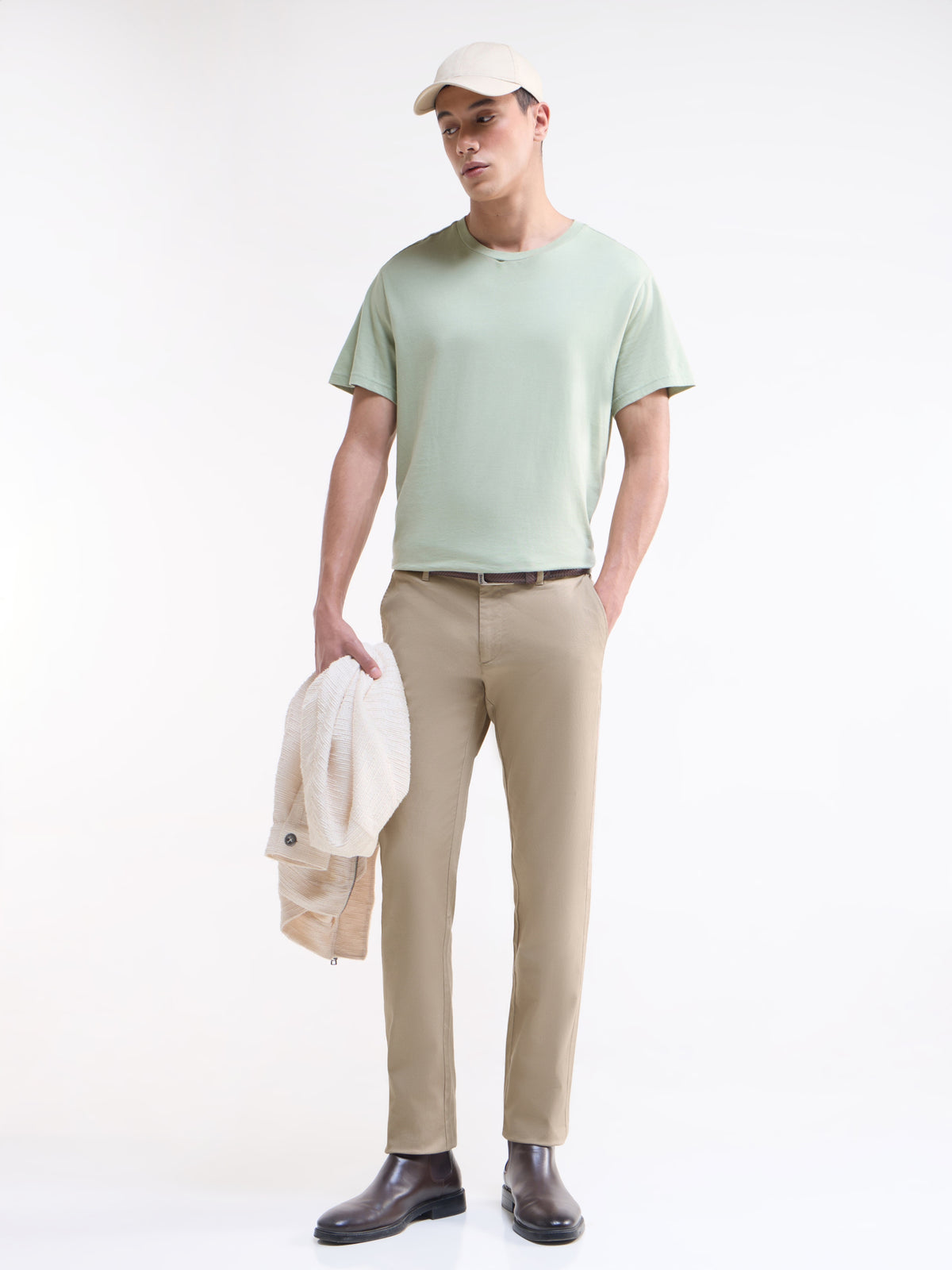 Solid Slim Fit Trousers - Khaki t4option_1