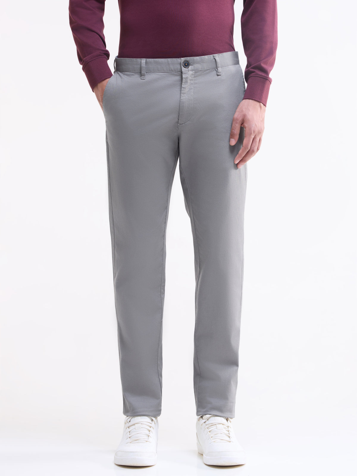 Solid Slim Fit Trousers - Light Grey t4option_2