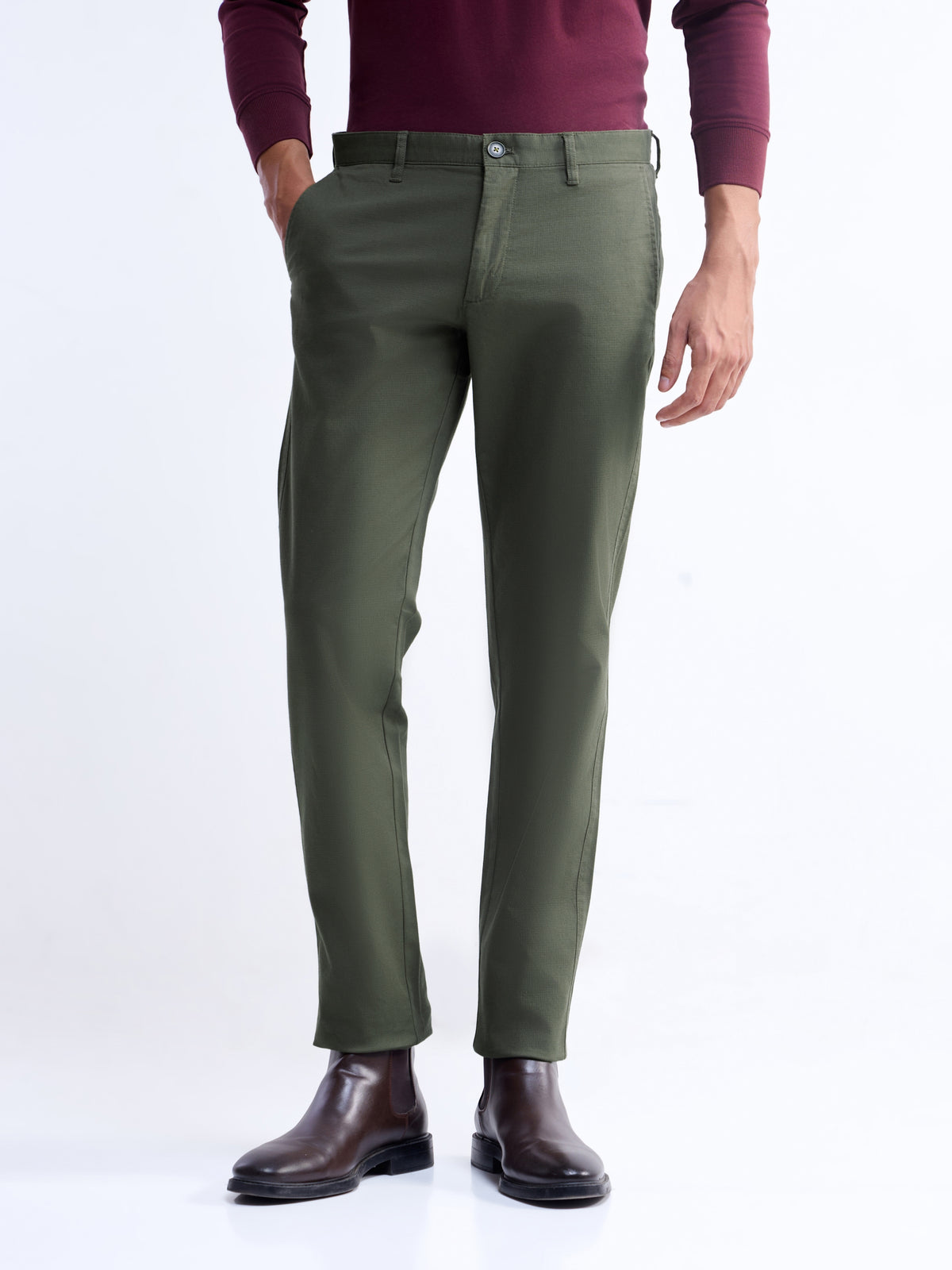 Solid Slim Fit Trousers - Olive t4option_3