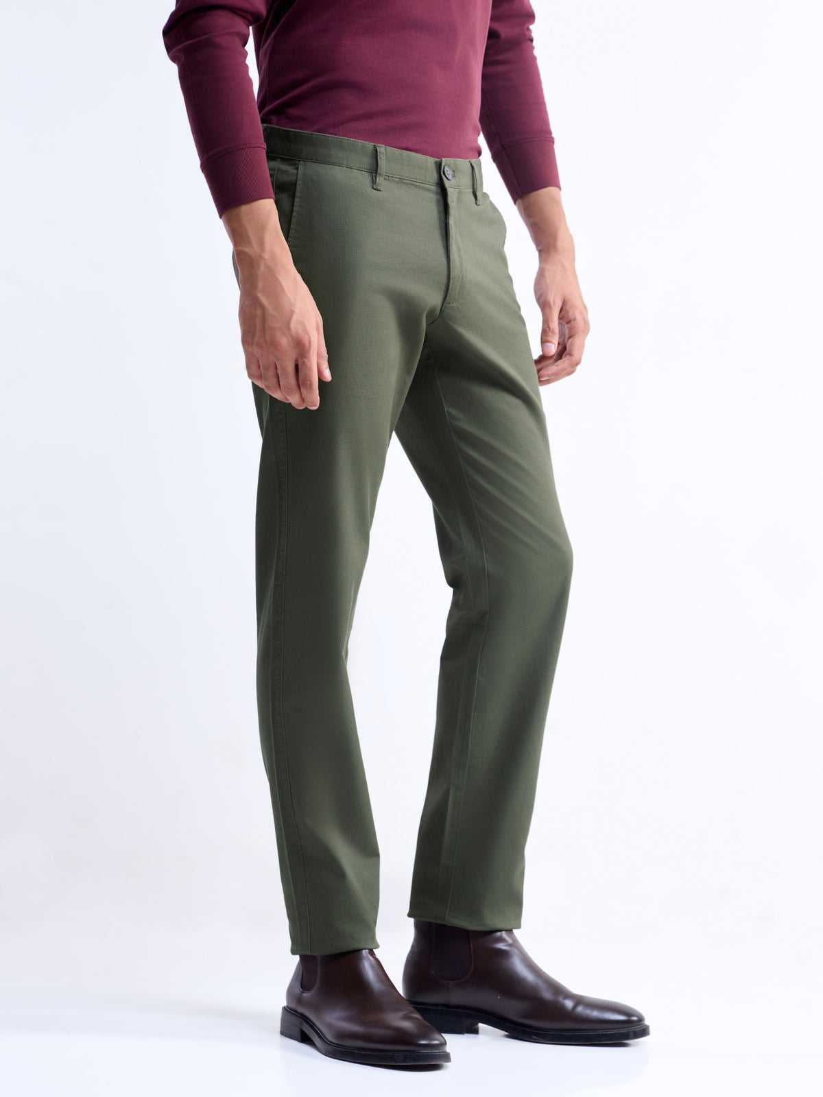 Solid Slim Fit Trousers - Olive t4option_3