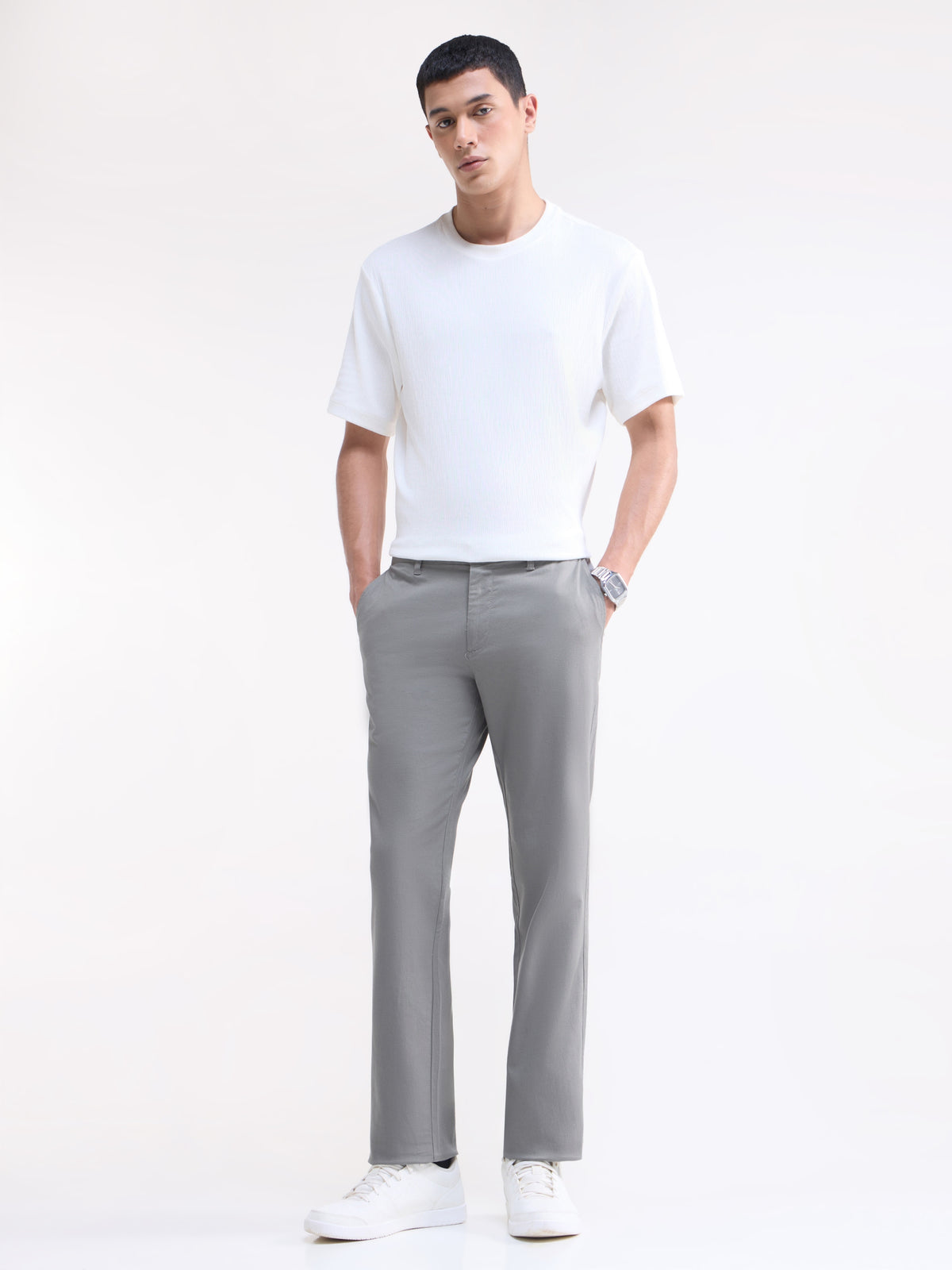 Solid Regular Fit Trousers - Light Grey t4option_2