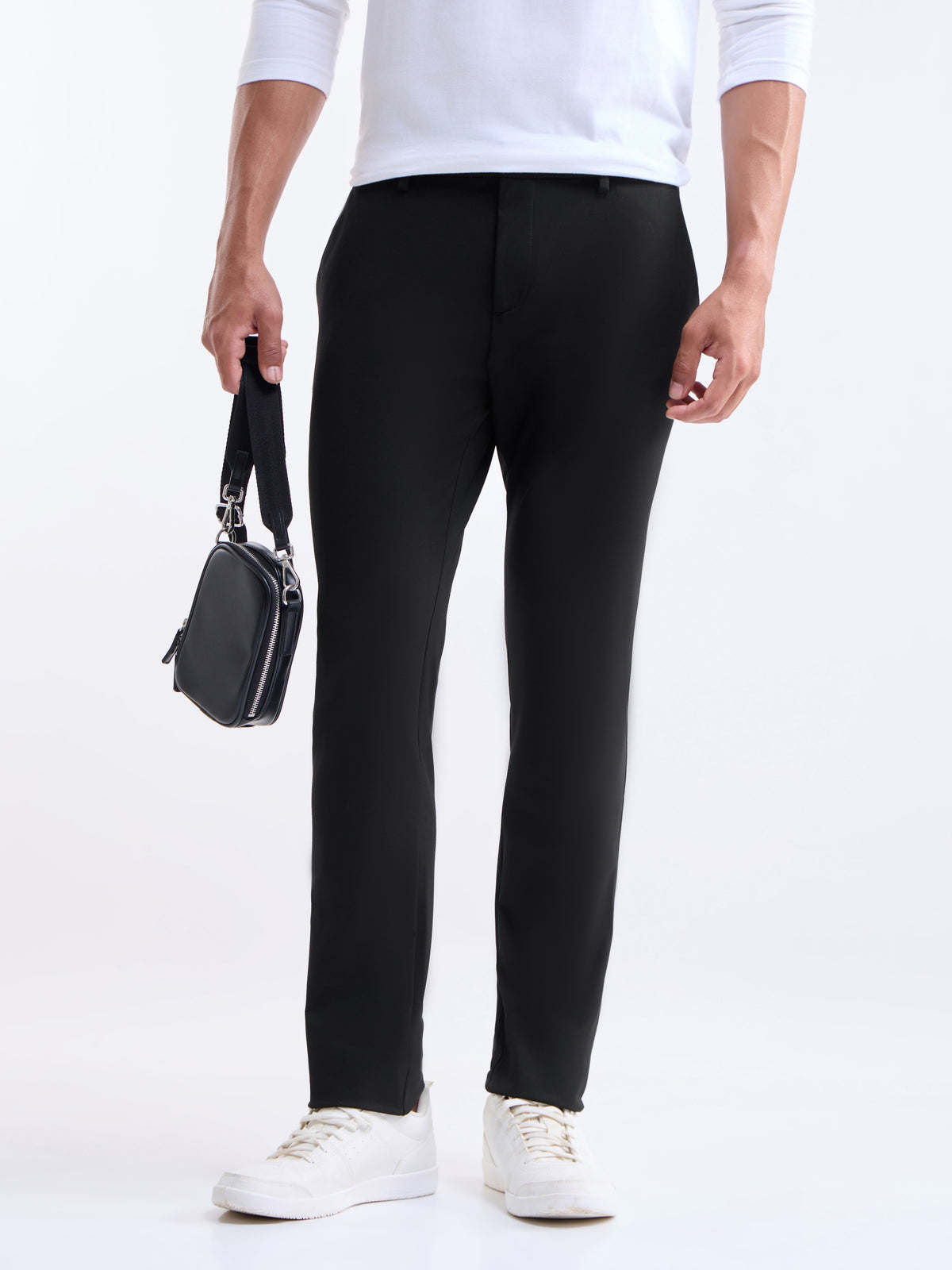 Solid Slim Comfort Fit Trousers - Black t4option_0