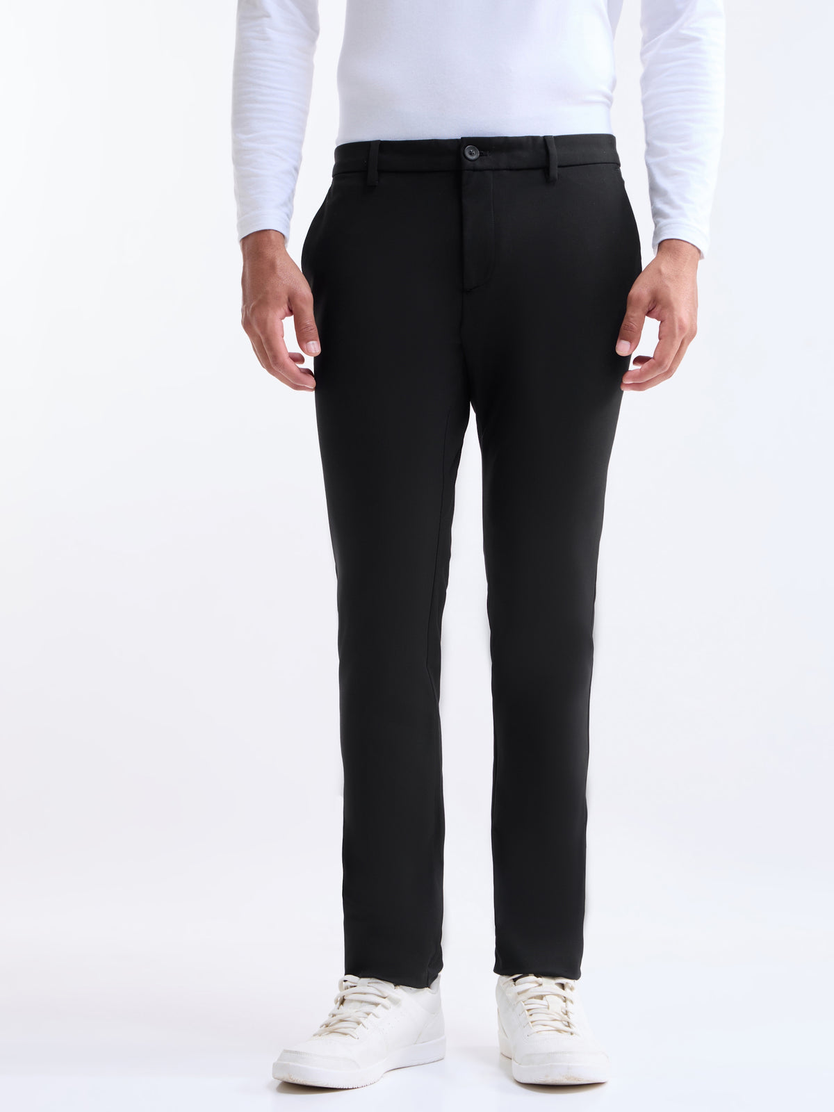 Solid Slim Comfort Fit Trousers - Black t4option_0