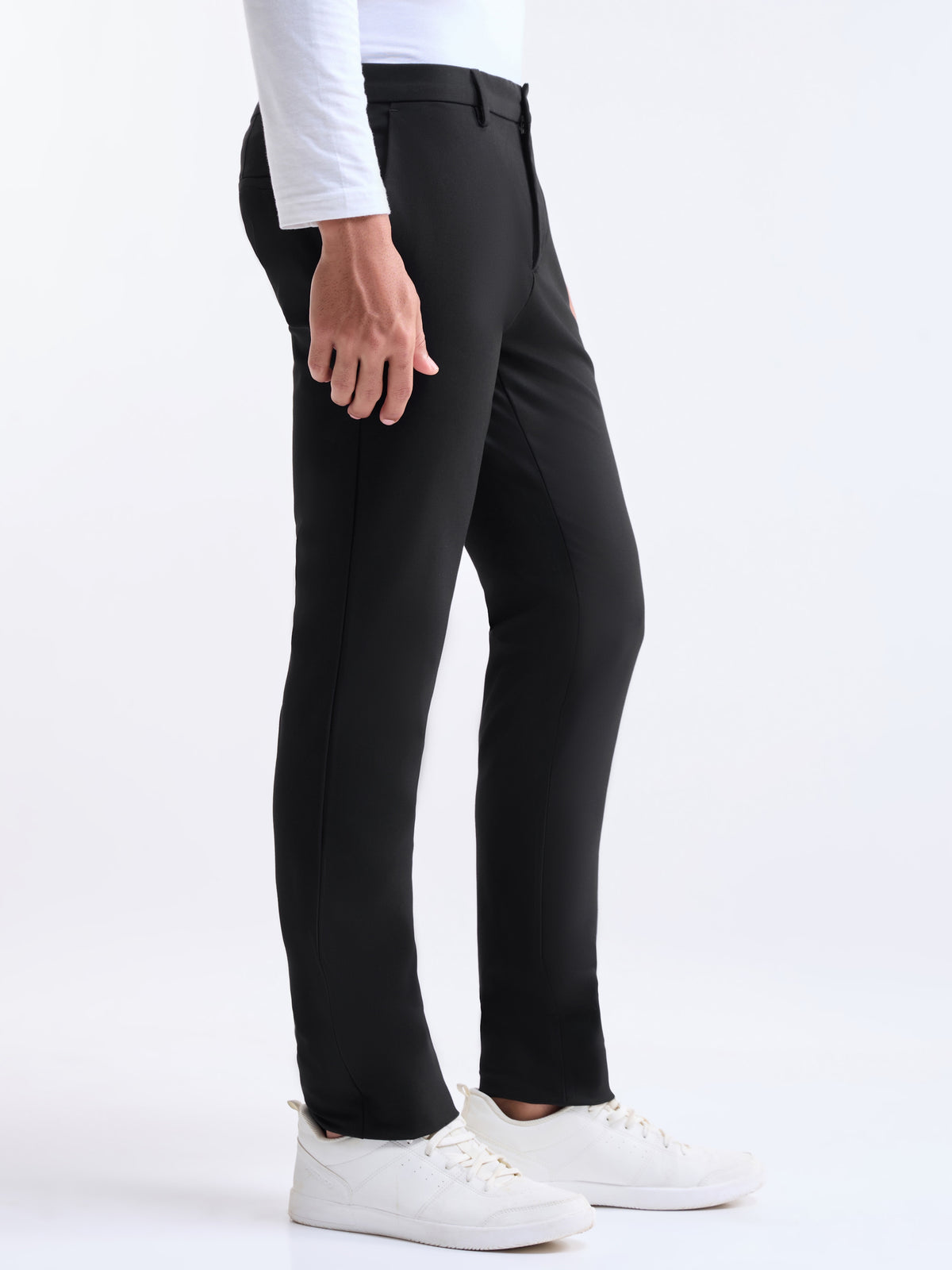 Solid Slim Comfort Fit Trousers - Black t4option_0