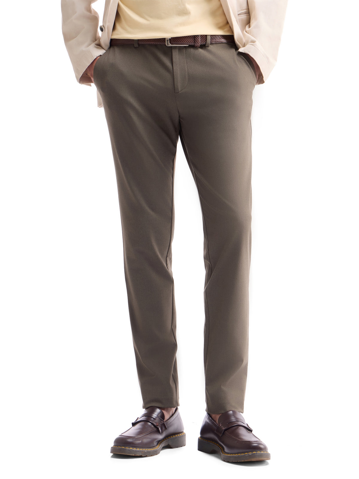 Solid Slim Comfort Fit Trousers - Brown Mel t4option_1