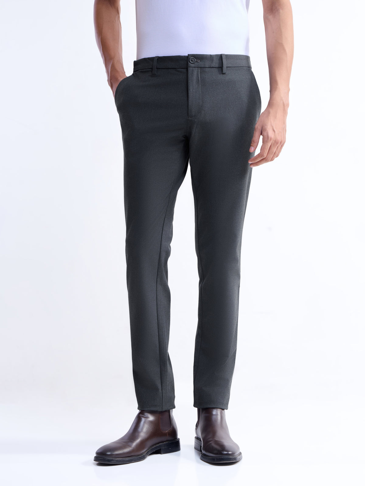 Solid Slim Comfort Fit Trousers - Dk Grey M. t4option_2