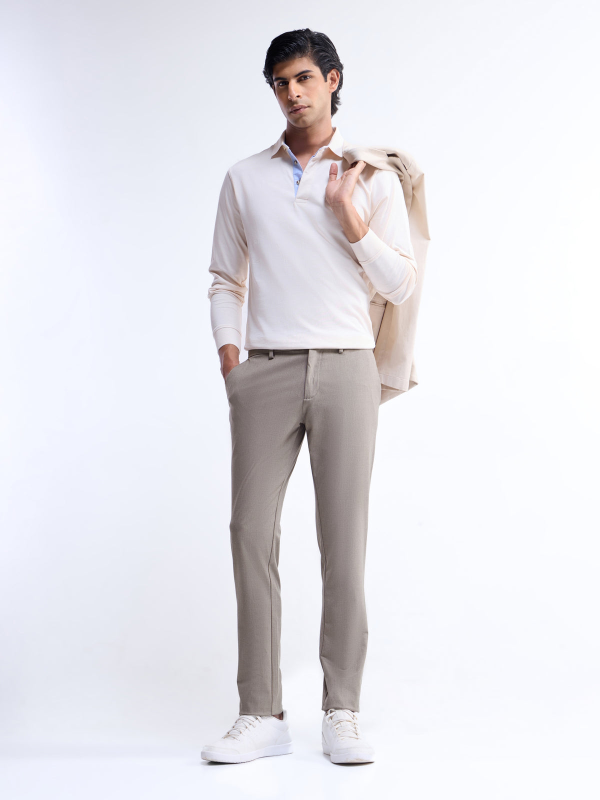 Solid Slim Comfort Fit Trousers - Khaki Mel t4option_3
