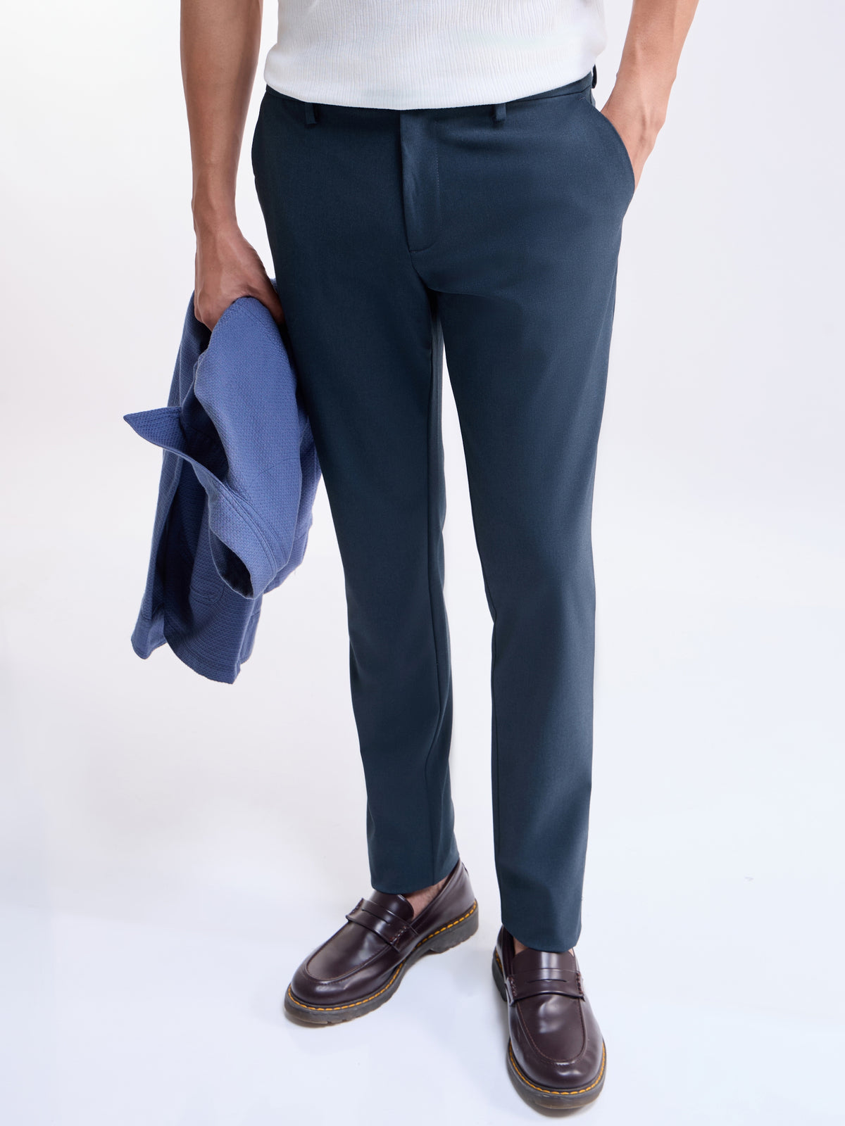 Solid Slim Comfort Fit Trousers - Navy Mel t4option_5