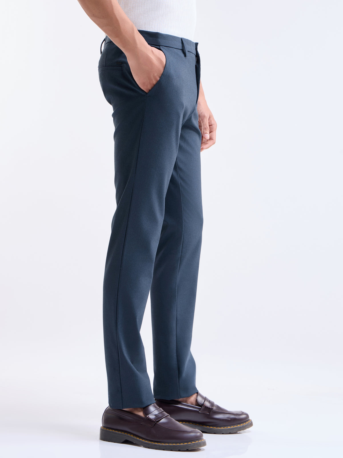 Solid Slim Comfort Fit Trousers - Navy Mel t4option_5