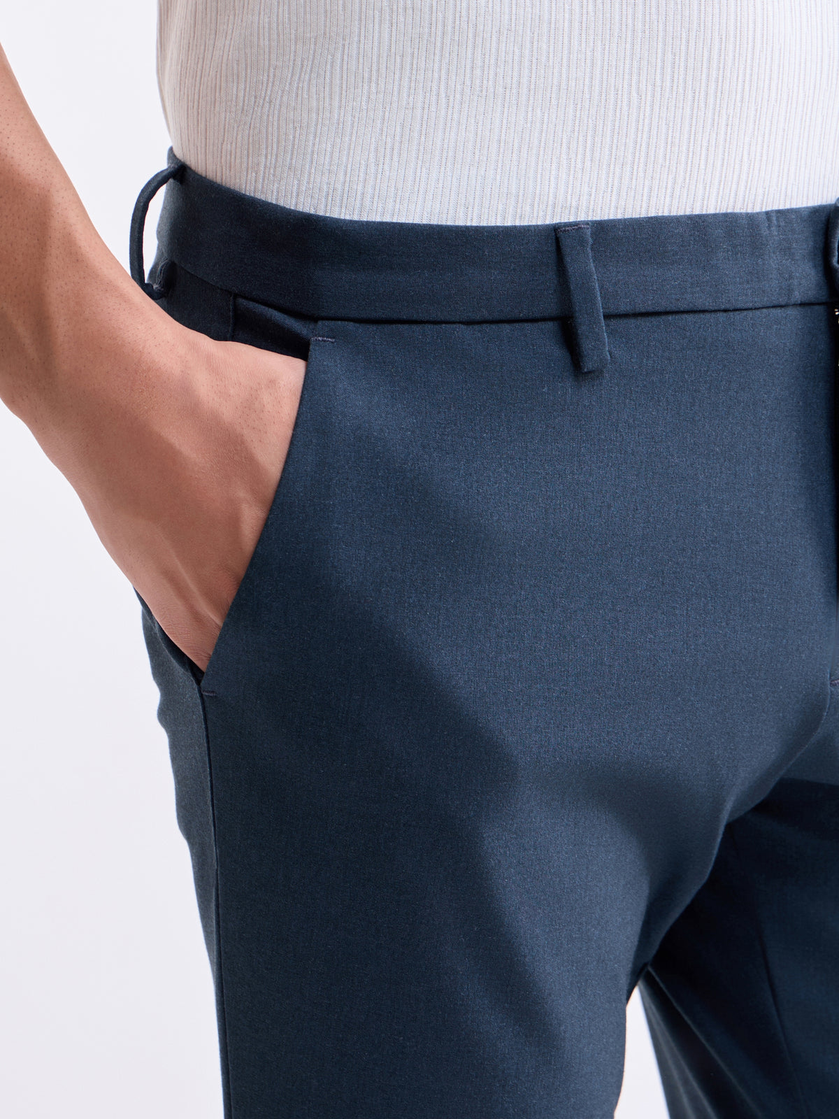 Solid Slim Comfort Fit Trousers - Navy Mel t4option_5