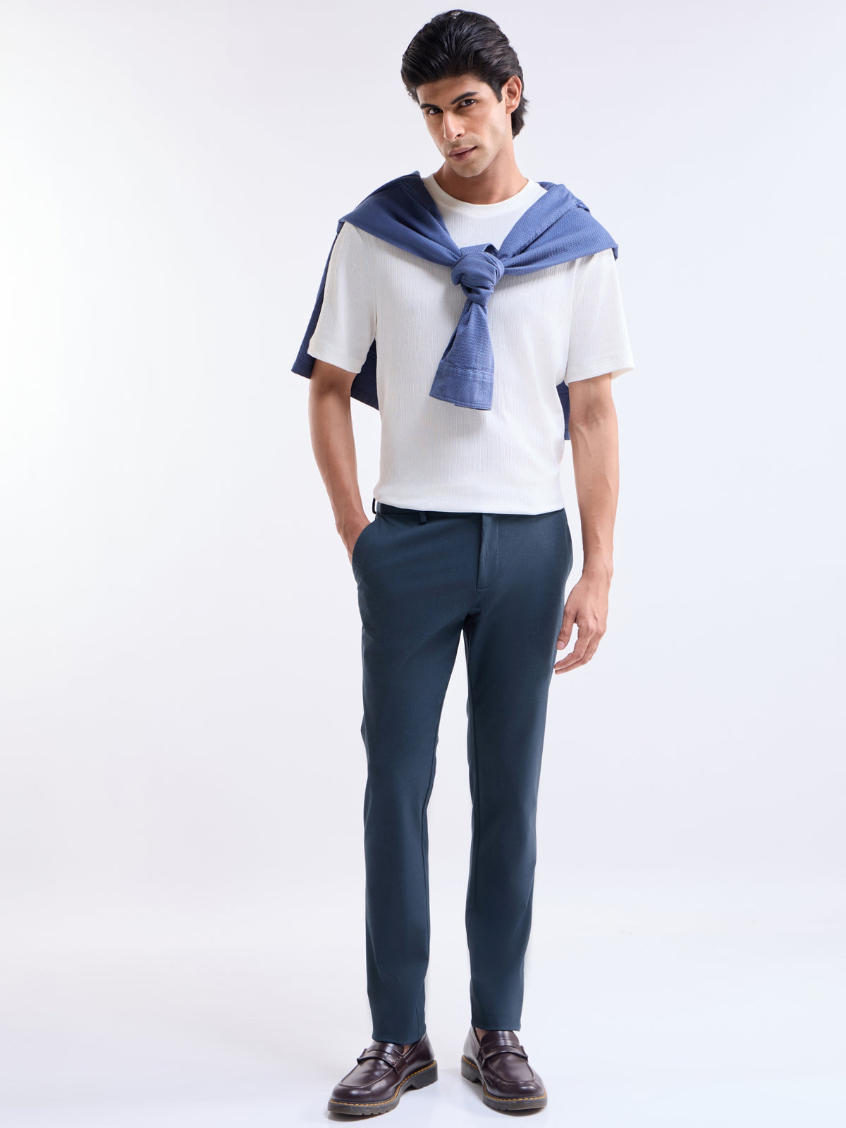 Solid Slim Comfort Fit Trousers - Navy Mel t4option_5